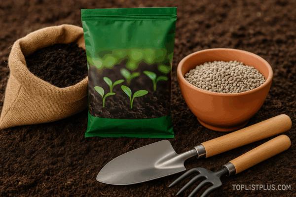ภาพประกอบสำหรับบทสรุปการแนะนำ สารปรับปรุงดิน ยี่ห้อไหนดี แสดงอุปกรณ์ทำสวน ดิน ปุ๋ย และเครื่องมือปลูกต้นไม้