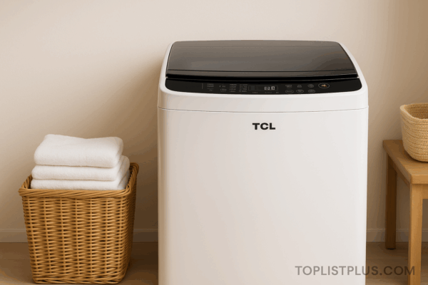 ภาพบทสรุปแสดงเครื่องซักผ้า TCL ฝาบน รุ่นไหนดี ในห้องซักผ้าสไตล์ทันสมัย พร้อมตะกร้าผ้าและบรรยากาศสะอาดอบอุ่น