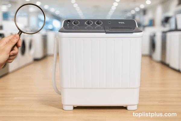 เครื่องซักผ้า 2 ถัง TCL รุ่นไหนดี ภาพเครื่องซักผ้าแบบ 2 ถัง TCL ตั้งอยู่ในโชว์รูมเครื่องใช้ไฟฟ้า
