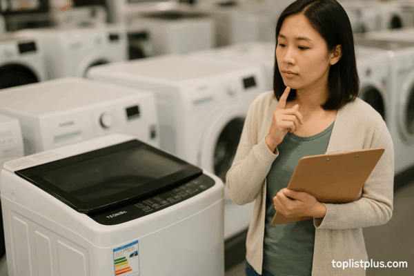 ผู้หญิงกำลังพิจารณาเครื่องซักผ้า Toshiba 10 กิโลกรัม ในร้านเครื่องใช้ไฟฟ้า เคล็ดลับการเลือกซื้อ เครื่องซักผ้า Toshiba 10 กิโลกรัม รุ่นไหนดี