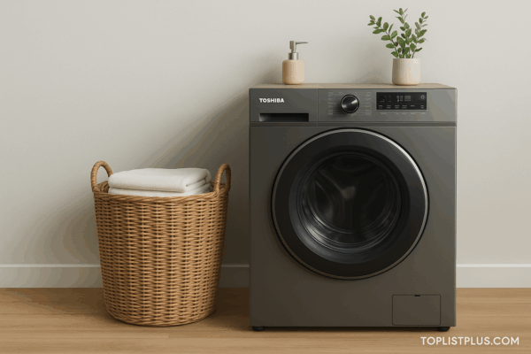 เครื่องซักผ้า Toshiba 10 กิโลกรัม รุ่นไหนดี พร้อมตะกร้าผ้าและมุมบ้านสไตล์มินิมอล