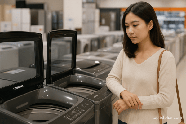 ภาพประกอบเครื่องซักผ้า Toshiba 14 kg รุ่นไหนดี ภายในร้านขายเครื่องใช้ไฟฟ้า แสดงรายละเอียดการออกแบบและความทันสมัยของเครื่องซักผ้า