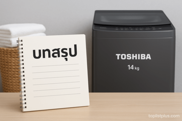 ภาพเครื่องซักผ้า Toshiba 14 kg รุ่นไหนดี ในห้องซักผ้าสมัยใหม่ พร้อมตะกร้าผ้าสะอาดและบรรยากาศที่ดูทันสมัย