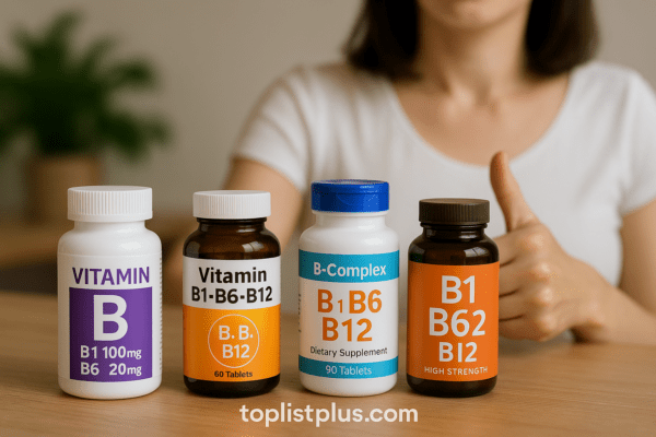 ขวดวิตามินหลากหลายสำหรับบทความเคล็ดลับการเลือกซื้อ วิตามินบี 1 6 12 ยี่ห้อไหนดี จัดเรียงบนโต๊ะไม้พร้อมลายน้ำ toplistplus.com