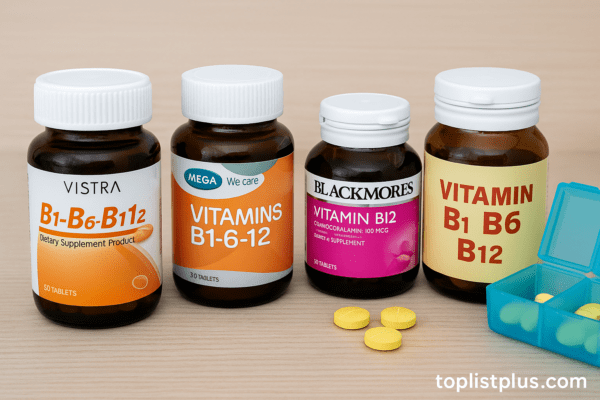 ภาพประกอบบทสรุป วิตามินบี 1 6 12 ยี่ห้อไหนดี แสดงขวดวิตามินบีหลายยี่ห้อพร้อมกล่องยาและเม็ดวิตามินบนพื้นไม้