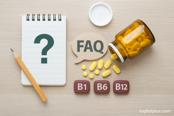 ภาพคำถามที่พบบ่อยเกี่ยวกับ วิตามินบี 1 6 12 ยี่ห้อไหนดี แสดงขวดวิตามินและเม็ดยาที่จัดวางบนโต๊ะไม้