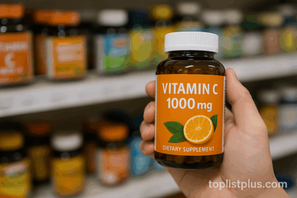 ขวดวิตามินซี 1000 mg ในมือ พร้อมฉลากสีส้ม วางอยู่ในฉากร้านขายยา ใช้ประกอบบทความ SEO เคล็ดลับการเลือกซื้อ วิตามินซี 1000 mg ยี่ห้อไหนดี
