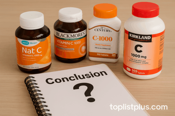 รูปภาพประกอบบทความ SEO บทสรุป วิตามินซี 1000 mg ยี่ห้อไหนดี แสดงขวดวิตามินซีหลายยี่ห้อวางเรียงบนโต๊ะไม้