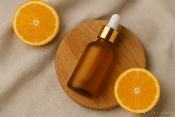 ขวดเซรั่มสีน้ำตาลอำพันวางบนฐานไม้ พร้อมส้มผ่าซีก ใช้ประกอบบทความ SEO บทสรุป เซรั่มวิตามินซี ยี่ห้อไหนดี