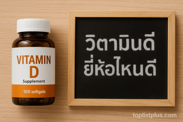 ขวดอาหารเสริมวิตามินดีบนพื้นไม้ พร้อมกระดานดำตกแต่งสำหรับบทความ เคล็ดลับการเลือกซื้อ วิตามินดี ยี่ห้อไหนดี
