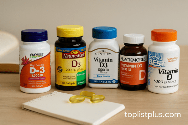 ภาพผลิตภัณฑ์วิตามินดีหลายยี่ห้อ วางบนโต๊ะไม้สำหรับตกแต่งบทความสรุป วิตามินดี ยี่ห้อไหนดี