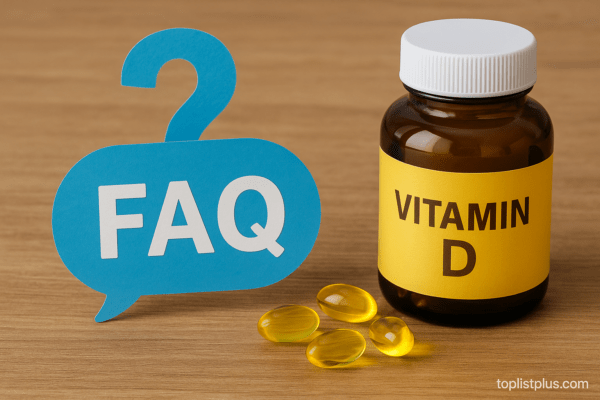 ภาพขวดวิตามินดีและแคปซูล พร้อมข้อความ FAQ ใช้ประกอบบทความหัวข้อ "วิตามินดี ยี่ห้อไหนดี"