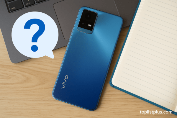 โทรศัพท์ Vivo ราคาไม่เกิน 3000 รุ่นไหนดี ภาพมือถือ Vivo สีน้ำเงินวางบนโต๊ะไม้ พร้อมสมุดและคอมพิวเตอร์โน้ตบุ๊กในบรรยากาศมินิมอล