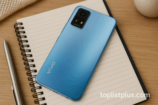 โทรศัพท์ Vivo ราคาไม่เกิน 5000 รุ่นไหนดี วางบนโต๊ะไม้ข้างสมุดโน้ตและปากกา เหมาะสำหรับใช้ประกอบบทความรีวิวสินค้า
