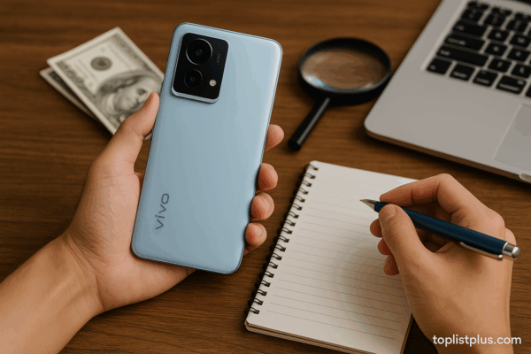 โทรศัพท์ Vivo กล้องสวย ราคาไม่เกิน 5000 รุ่นไหนดี บนโต๊ะทำงานพร้อมอุปกรณ์ประกอบ