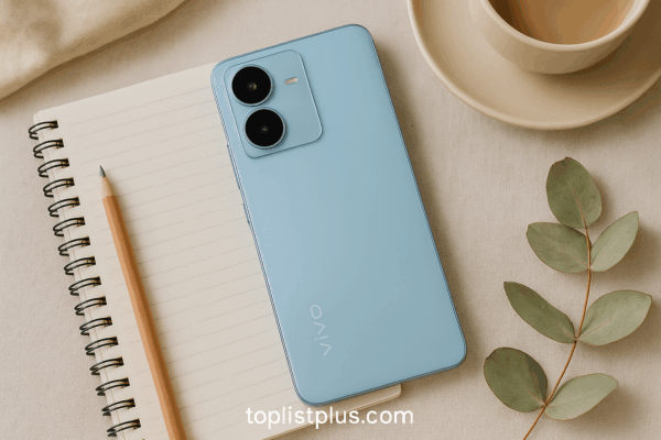 โทรศัพท์ Vivo กล้องสวย ราคาไม่เกิน 5000 รุ่นไหนดี วางบนสมุดและโต๊ะตกแต่งอย่างเรียบง่าย