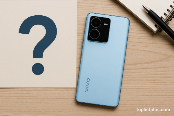 โทรศัพท์ Vivo กล้องสวย ราคาไม่เกิน 5000 รุ่นไหนดี วางบนโต๊ะไม้ พร้อมเครื่องหมายคำถามและสมุดจด