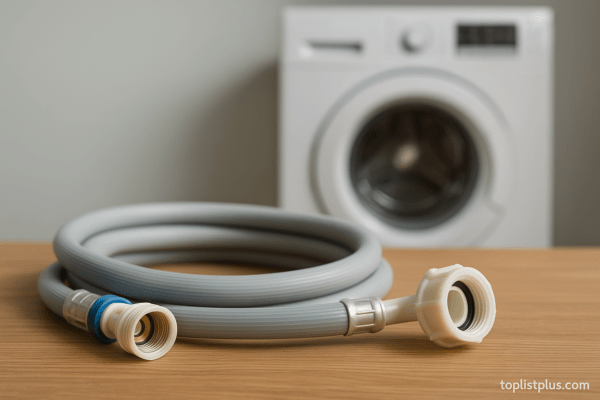 สายน้ำเข้าเครื่องซักผ้า ยี่ห้อไหนดี วางอยู่ด้านหน้าเครื่องซักผ้า พร้อมหัวต่อพลาสติกและทองเหลือง เหมาะใช้ประกอบบทความรีวิว