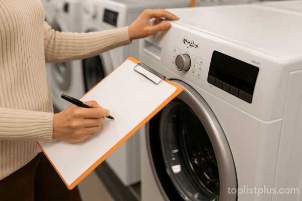 คนกำลังตรวจสอบและเลือกซื้อ เครื่องซักผ้า Whirlpool รุ่นไหนดี ในร้านเครื่องใช้ไฟฟ้า พร้อมสมุดจดบันทึก