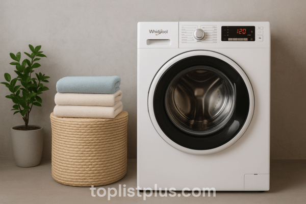 เครื่องซักผ้า Whirlpool รุ่นไหนดี จัดวางในห้องซักผ้าสไตล์มินิมอล พร้อมตะกร้าผ้าและต้นไม้ตกแต่ง