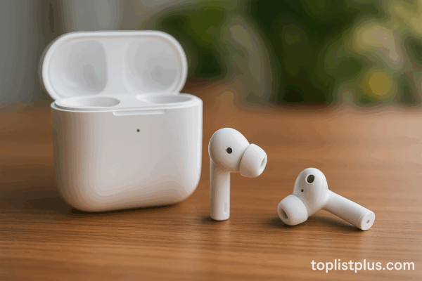 หูฟังไร้สาย Xiaomi รุ่นไหนดี พร้อมกล่องชาร์จสีขาวบนโต๊ะไม้