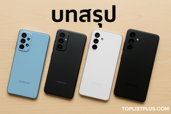 โทรศัพท์ Samsung ราคาถูก รุ่นไหนดี – ภาพโทรศัพท์ซัมซุงหลายรุ่นวางเรียงบนโต๊ะไม้ พร้อมลายน้ำ toplistplus.com