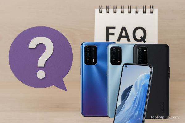 ภาพประกอบหัวข้อคำถามที่พบบ่อย แสดงโทรศัพท์ OPPO A Series รุ่นไหนดี วางเรียงกันบนพื้นเรียบ พร้อมสัญลักษณ์คำถามสีม่วงและลายน้ำ toplistplus.com