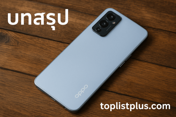 โทรศัพท์ OPPO ราคาถูก รุ่นไหนดี วางบนพื้นไม้ในมุมมองแนวนอน พร้อมลายน้ำ toplistplus.com ใช้สำหรับตกแต่งบทความส่วนบทสรุป
