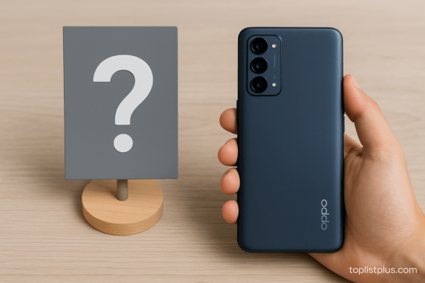 ภาพสมาร์ทโฟน OPPO กับสัญลักษณ์คำถาม ใช้ตกแต่งหัวข้อคำถามที่พบบ่อยในบทความ SEO โทรศัพท์ OPPO ราคาถูก รุ่นไหนดี