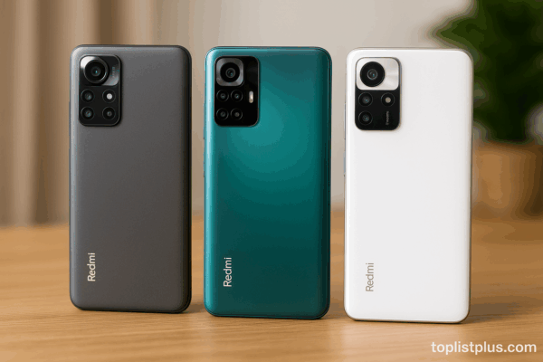 โทรศัพท์ Redmi Note Series รุ่นไหนดี ภาพแสดงโทรศัพท์ Redmi หลายรุ่นวางเรียงกันบนพื้นไม้โทนอุ่น เหมาะสำหรับประกอบบทความหัวข้อเคล็ดลับการเลือกซื้อ