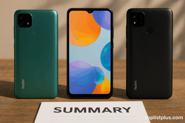 โทรศัพท์ Redmi ราคาไม่เกิน 3000 รุ่นไหนดี จัดวางบนโต๊ะไม้เพื่อสรุปข้อมูลรีวิว
