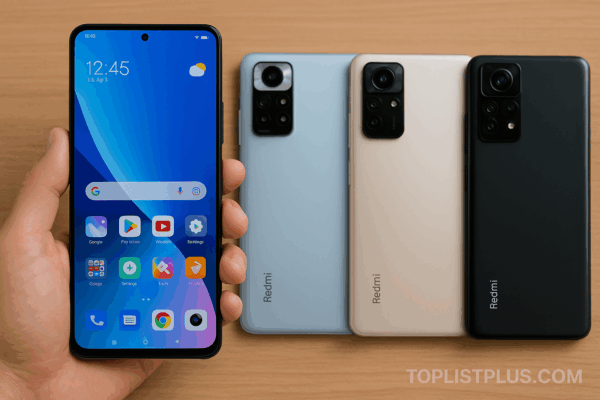 โทรศัพท์ Redmi กล้องสวย รุ่นไหนดี แสดงโทรศัพท์ Redmi รุ่นใหม่ที่มีกล้องหลายเลนส์ วางบนพื้นไม้พร้อมดีไซน์เรียบหรู