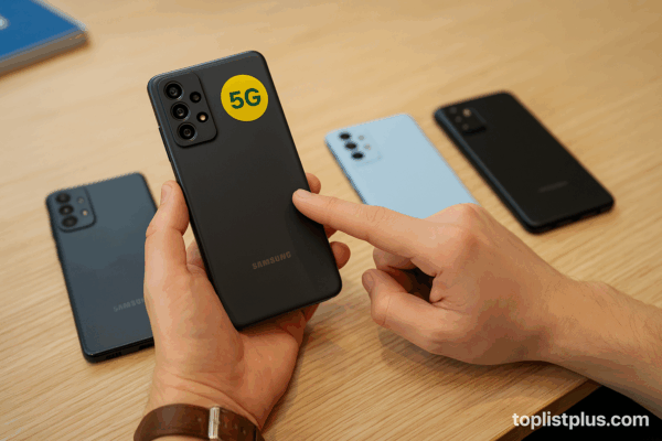 โทรศัพท์ Samsung 5G ราคาไม่เกิน 5000 รุ่นไหนดี จัดเรียงหลายเครื่องบนโต๊ะ ใช้ประกอบบทความเคล็ดลับการเลือกซื้อ