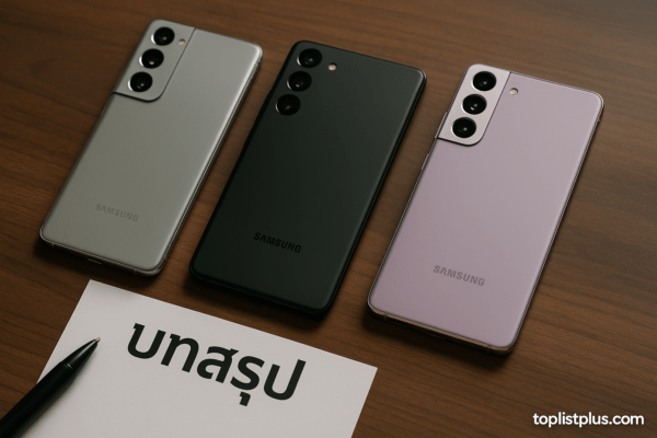 สมาร์ทโฟน Samsung Galaxy S Series รุ่นไหนดี วางเรียงบนพื้นโต๊ะสีน้ำตาล พร้อมลายน้ำ toplistplus.com