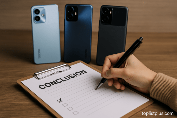 ภาพบทสรุปบทความ มือถือ TECNO รุ่นไหนดี แสดงโทรศัพท์ TECNO หลายรุ่นวางเรียงบนโต๊ะ พร้อมมือคนกำลังเขียนสรุปบนกระดานคลิปบอร์ด