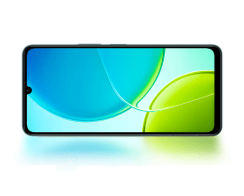 รีวิว vivo Y04: ภาพเรนเดอร์ด้านหน้าของโทรศัพท์มือถือ vivo Y04 สีเขียวฟ้าอ่อน วางแนวนอน แสดงหน้าจอที่เปิดอยู่และรอยบากทรงหยดน้ำสำหรับกล้องหน้า