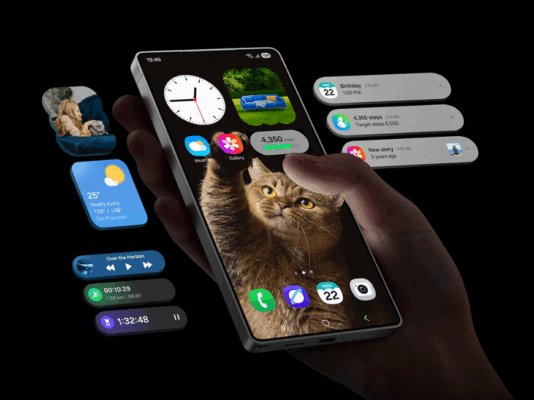 Xiaomi 15 Ultra vs Samsung Galaxy S25 Ultra: ภาพสมาร์ทโฟนที่กำลังถืออยู่ในมือ แสดงหน้าจอโฮมที่มีวิดเจ็ตและไอคอนแอปพลิเคชันต่าง ๆ ที่ลอยอยู่รอบ ๆ เพื่อแสดงประสิทธิภาพของ UI/UX และระบบปฏิบัติการ