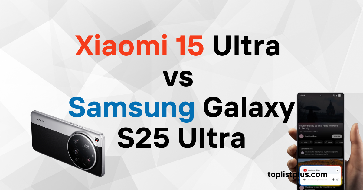 Xiaomi 15 Ultra vs Samsung Galaxy S25 Ultra: ภาพหน้าปกกราฟิกที่มีข้อความเปรียบเทียบชื่อรุ่น พร้อมภาพด้านหลัง Xiaomi 15 Ultra และภาพการใช้งาน Samsung Galaxy S25 Ultra