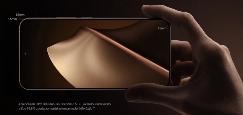 รูปภาพแสดงหน้าจอ Xiaomi 15T Pro พร้อมระบุขอบจอ 1.5 มม. เน้นเทคโนโลยี LIPO ในการ รีวิว Xiaomi 15T Pro