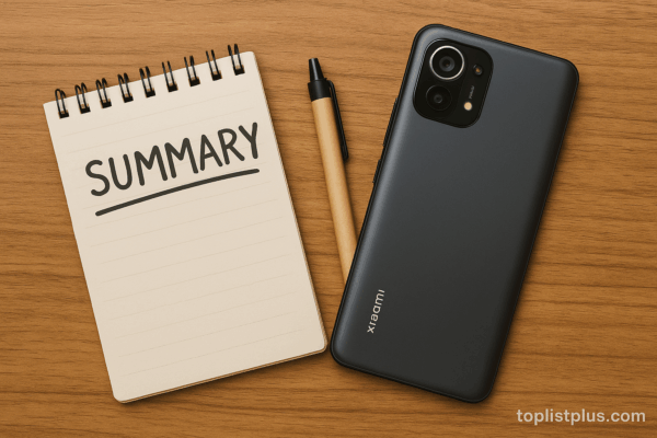 โทรศัพท์ Xiaomi ราคาไม่เกิน 3000 รุ่นไหนดี วางคู่กับสมุดและปากกาบนโต๊ะไม้