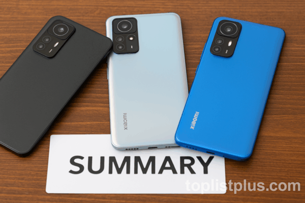 ภาพโทรศัพท์ Xiaomi หลายรุ่นจัดวางบนโต๊ะไม้สำหรับบทความ SEO หัวข้อ บทสรุป โดยมี Focus Keyphrase โทรศัพท์ Xiaomi ราคาไม่เกิน 7000 รุ่นไหนดี พร้อมลายน้ำ toplistplus.com