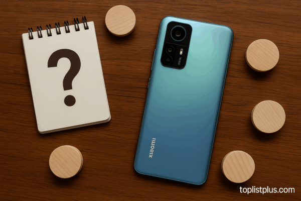 ภาพประกอบ คำถามที่พบบ่อย สำหรับบทความ โทรศัพท์ Xiaomi ราคาไม่เกิน 7000 รุ่นไหนดี พร้อมสมาร์ทโฟนวางบนพื้นหลังโมเดิร์น