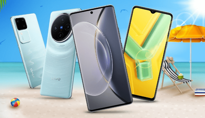 โทรศัพท์ vivo หลายรุ่นวางอยู่บนหาดทรายพร้อมฉากทะเลและร่มชายหาด เป็นภาพประกอบสำหรับแนะนำ วิธีเลือกโทรศัพท์ vivo