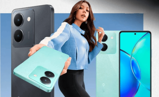 นางแบบถือโทรศัพท์ vivo สีฟ้าอ่อน พร้อมมีโทรศัพท์ vivo รุ่นอื่น ๆ เป็นฉากหลัง เป็นภาพประกอบสำหรับบทความ วิธีเลือกโทรศัพท์ vivo