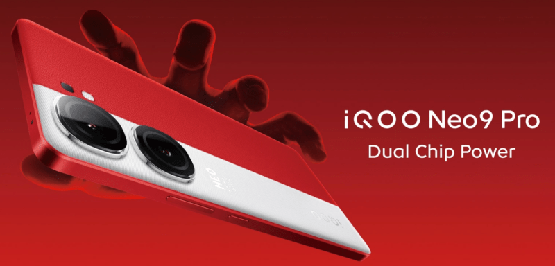 iQOO Neo9 vs iQOO Neo9 Pro ภาพระยะใกล้ iQOO Neo9 Pro สีแดง-ขาว เน้นโมดูลกล้องคู่และฟีเจอร์ Dual Chip Power