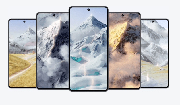 iQOO Neo9 vs iQOO Neo9 Pro ภาพหน้าจอสมาร์ทโฟนหลายเครื่องแสดงภาพพื้นหลังภูเขาหิมะและทุ่งหญ้า เน้นคุณภาพจอแสดงผล