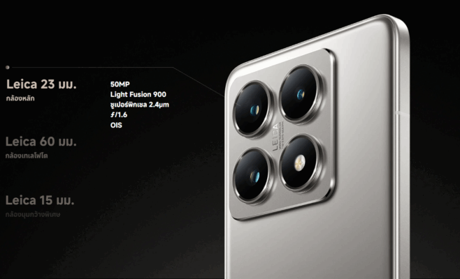 รูปภาพแสดงรายละเอียดกล้องหลังของ Xiaomi 14T Pro พร้อมสเปก Leica 23 มม., 60 มม. และ 15 มม. ประกอบการ รีวิว Xiaomi 14T Pro
