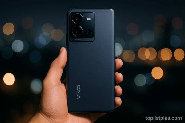 โทรศัพท์ vivo ถ่ายรูปกลางคืน รุ่นไหนดี แสดงภาพโทรศัพท์ vivo ในบรรยากาศกลางคืนพร้อมแสงไฟเมืองสะท้อนสวยงาม