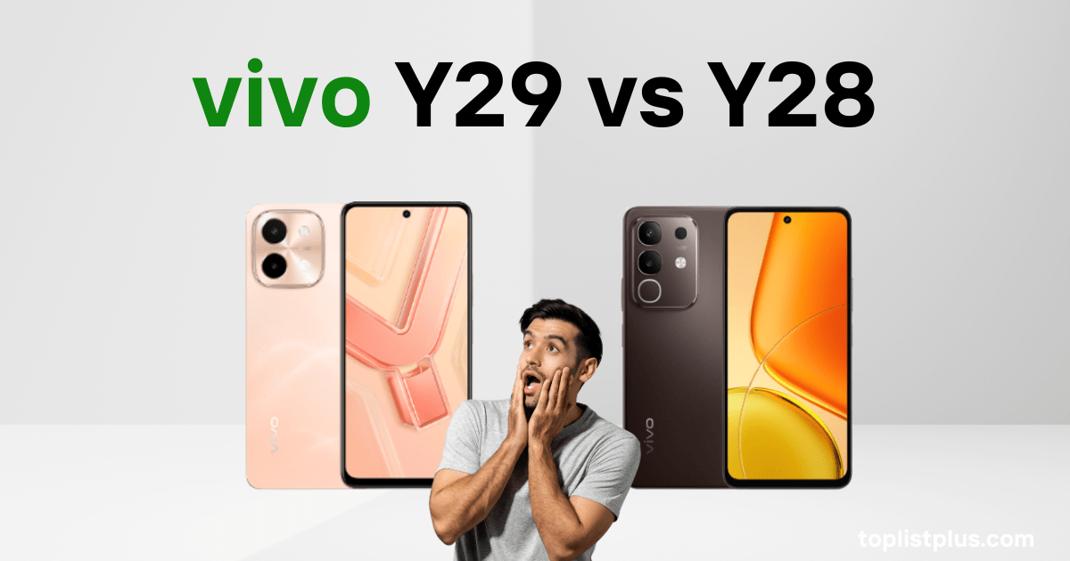 รูปภาพเปรียบเทียบดีไซน์สมาร์ทโฟน vivo Y29 vs Y28 โดยมีผู้ชายทำท่าทางประหลาดใจอยู่ตรงกลาง