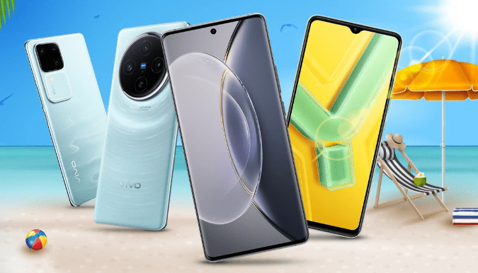 vivo vs realme ภาพเปรียบเทียบสมาร์ทโฟน vivo หลายรุ่น (ทั้งด้านหน้าและด้านหลัง) ในฉากหลังที่เป็นชายหาดและบรรยากาศฤดูร้อน สื่อถึงความหลากหลายของผลิตภัณฑ์ vivo ที่นำมาแข่งขันกับ realme